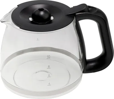 A clear glass coffee pot with a black lid and handle.