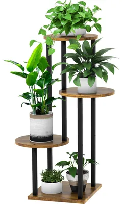 Productafbeelding van Houten bloemenrek met 4 niveaus, metalen plantenrek, meerlaags bloemenstandaard, plantenstandaard, bloemenbank, bloemenladder, plantenbank, staand rek voor binnen- en buitendecoratie van tuin en balkon (rond, zwart)