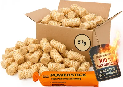 A box filled with fire starters, with some scattered in front, and a product label.