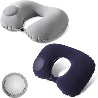 Imagen del producto de Almohadillas inflables para el cuello, forma de U, juego de 2 unidades, color gris y azul oscuro, 40x28x11 cm, para viajes