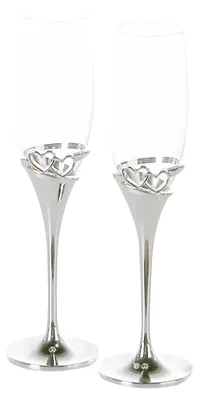 Imagen del producto de Conjunto de 2 piezas, copas de champán, copas de espumoso, diseño "Corazones", motivo de corazones, vidrio, metal, transparente, color plateado, unidad de venta: 1, altura: 25,5 cm, diámetro: 7 cm. Código: 50074. EAN: 4001250500742