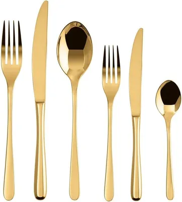 Imagen del producto de Silecomplaza, juego de cubiertos para 6 personas, 36 piezas, compuesto por: 6 cucharas de mesa, 6 tenedores de mesa, 6 cuchillos de mesa, 6 tenedores de postre, 6 cuchillos de postre y 6 cucharaditas, fabricado en acero inoxidable con acabado PVD, apto para lavavajillas, color dorado