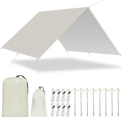 Obrázok produktu pre Vodovzdorná plachta na stan 300 x 300 cm / 400 cm, odolná voči UV žiareniu, 8 háčikov, 8 lán, pikniková podložka, vonkajšie ležadlo