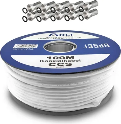 Produktbild von 100m ARLI Koaxialkabel – max. 135 dB 5-fach geschirmt UV-beständig + 10x F-Stecker mit breiter Mutter & Dichtring für DVB-S DVB-T2 4K HDTV