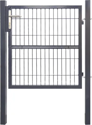 A dark gray metal garden gate with a wire mesh infill, shown against a white background.