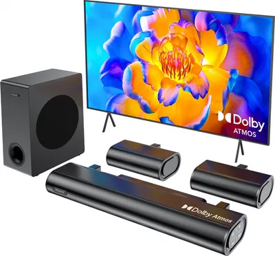 A television and sound system setup, including a soundbar, subwoofer, and two surround speakers, displayed against a white background.