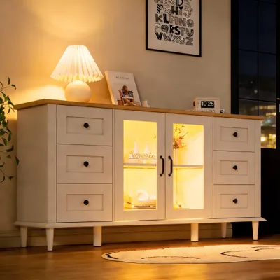 Productafbeelding van Woonkamerkast, 150x40x75, Dressoir, 2 deuren van acryl, 6 lades, LED-verlichting, Eetkamerkast, Bijzetkast voor de bank