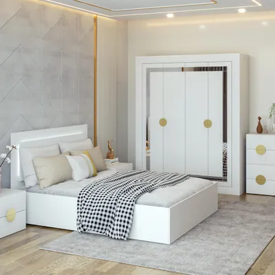 Produktbild von Drehtürenschrank Kleiderschrank Schrank 230 cm Weiß/Weiß viertürig mit Spiegeleinsätzen PERL