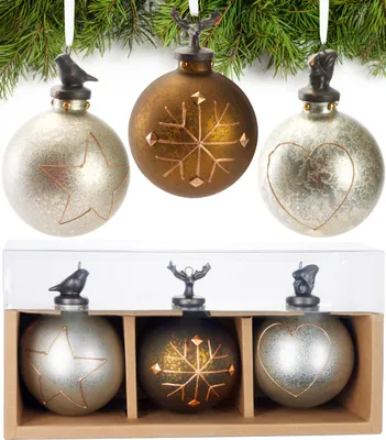Produktbild von BRUBAKER 3er Set Weihnachtskugeln aus Glas - Stern, Schneeflocke und Herz - Premium Baumkugeln mit Porzellan Figur
