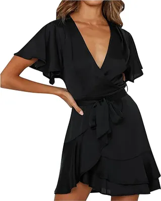 Produktbild von Damen Elegante Minikleid Mesh V-Ausschnitt Festlich Kleid Rüsche Plissee Cocktailkleid Puffärmel Langarmkleider Kurz Abendkleid y Netz Minikleid mit Gürtel XL