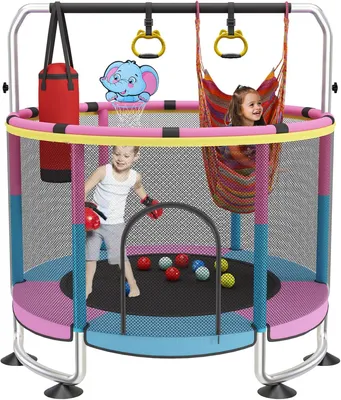 Image de Trampoline pour enfants de 152 cm, avec filet de sécurité et anneau de basket-ball, pour une utilisation intérieure et extérieure