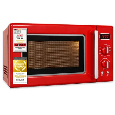Produktbild von Exquisit Retro-Mikrowelle 700 Watt, 25,5 cm Drehteller, 1000 Watt Grill, 20L, 5 Leistungsstufen, Timer, Auftaufunktion, 2 Drehregler, RMW720-3GDIG rot