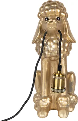 A gold-colored poodle figurine with a light socket and cord attached, presented against a white background.