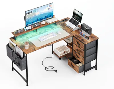 Eckschreibtisch L-Form, 120x90 cm, mit 4 Schubladen, USB & Steckdose