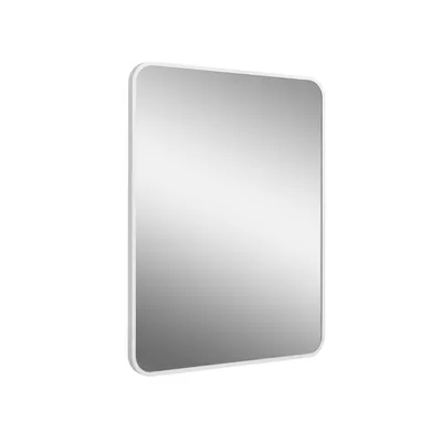 A rectangular mirror with rounded corners and a white frame, presented against a white background.