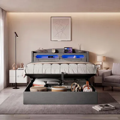 Produktbild von POLSTERBETT 140x200 cm Grau mit Stauraum, hydraulischer Bettkasten, RGB LED Beleuchtung, Kopfteil mit Ablage und Steckdosen, USB & Type-C Anschluss