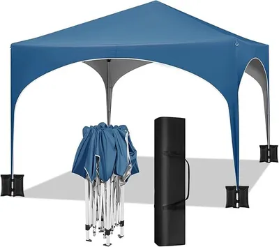 Produktbild von Pavillon mit 4 Sandsäcke, Faltpavillon 3x3m mit Halbmonddach Tragetasche, Gartenpavillon wasserfest stabil UV-Schutz, Partyzelt Outdoor höhenverstellbar, Blau