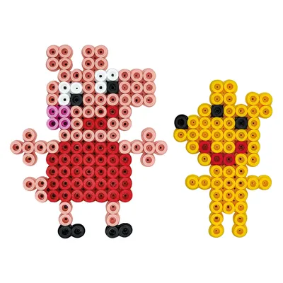 Two pixelated cartoon characters, Peppa Pig and Winnie the Pooh, made from beads.