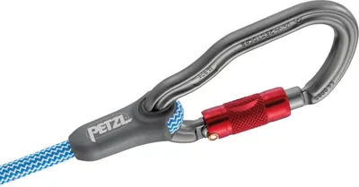 Grauer Karabiner mit rotem Schraubverschluss und blau-weiß gemusterter Schlinge mit PETZL-Logo