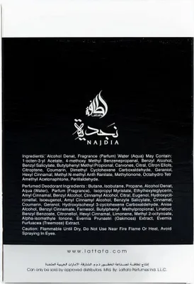 The back of a perfume box with ingredients and branding.