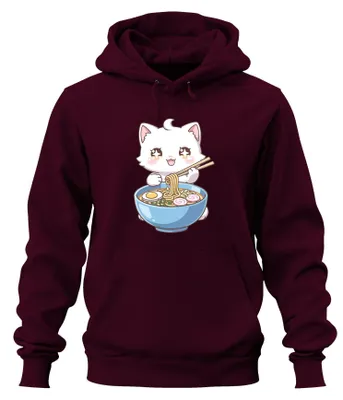 Obrázok produktu pre Mikina s potlačou "Kawaii Cat Ramen" (roztomilá mačka a ramen), štýl anime/manga, s motívom nudlovej polievky, japonský dizajn, darček, uni, farba: bordová, veľkosť: XL