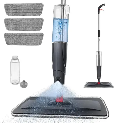 Immagine prodotto di Mocio spray per pavimenti - Mocio piatto in microfibra - Rotazione a 360° - Serbatoio da 700 ml ricaricabile - 3 tamponi lavabili e riutilizzabili - Manico in alluminio