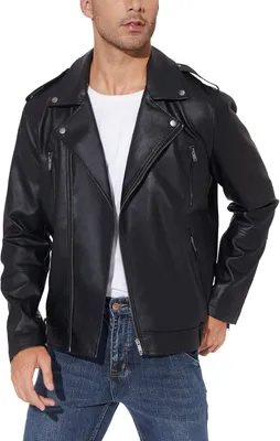 Productafbeelding van Heren bikerjack van kunstleer met revers, asymmetrische rits en gordel, slim fit