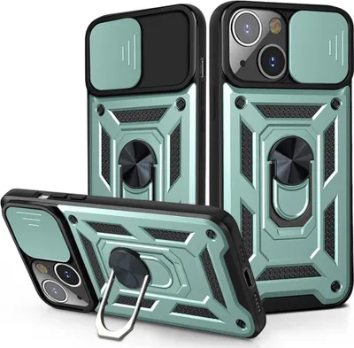 Produktbild von iPhone 13 Hülle mit 360° Drehbarer Magnetische Ring Ständer Halter Dia Kameraschutz TPU Bumper Silikon Schutzhülle für iPhone 13 Grün