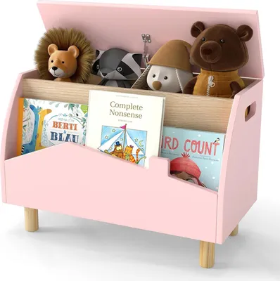 Image de Coffre à jouets en bois - Coffre de rangement - Avec couvercle et étagère - À monter soi-même - Rose