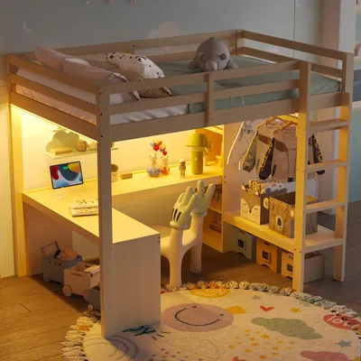 Produktbild von Hochbett 140x200 cm mit Multifunktionsregalen & Unterbettschreibtisch – Holzbett in Natur, mit LED & USB, für Kinderzimmer & Jugendzimmer