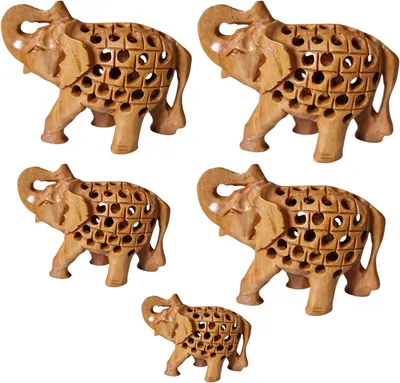 Productafbeelding van Houten olifanten set - Decoratieve beeldjes - Huis decoreren - Handgesneden kunst - 5 stuks - Houtkleur