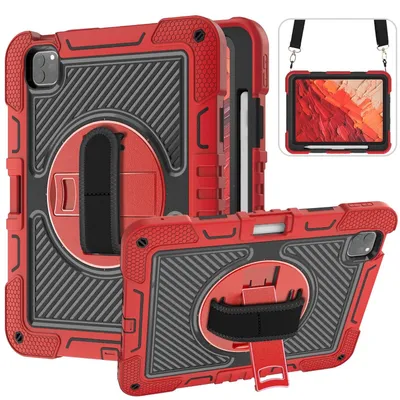Immagine prodotto di Per Apple iPad Pro 11 2024 stand-up ibrido all'aperto a 360 gradi con cinghia di tenuta custodia per tablet rosso