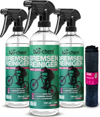 Produktbild von bio-chem Bremsenreiniger Spray - 3X 750 ml + Tuch - für Auto, Motorrad und Fahrrad I Leistungsstarker Entfetter für Scheibenbremsen I Geeignet als Ketten-Reiniger, Motorreiniger und Fettlöser