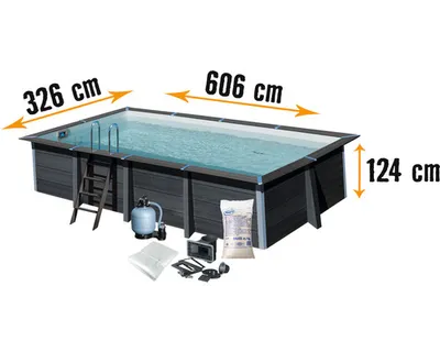Produktbild von Aufstellpool WPC-Pool-Set Gre eckig 606x326x124 cm inkl. Sandfilteranlage, Skimmer, Leiter, Filtersand & Bodenschutzvlies grau
