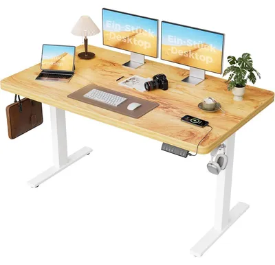 Zdjęcie produktu dla Stół biurkowy z regulacją wysokości, wymiary 140x80 cm, wyposażony w 2 silniki i blat o grubości 28 mm, kolor jasnobrązowy