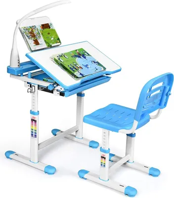 Produktbild von GOPLUS Kinderschreibtisch mit stuhl Höhenverstellbar, Kindertisch Set mit Lampe & Bücherregale, tisch Neigungsverstellbar 0-40°, Kindermöbel, Blau