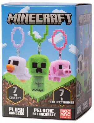 A box of Minecraft plush hangers featuring a duck, creeper, and pig.