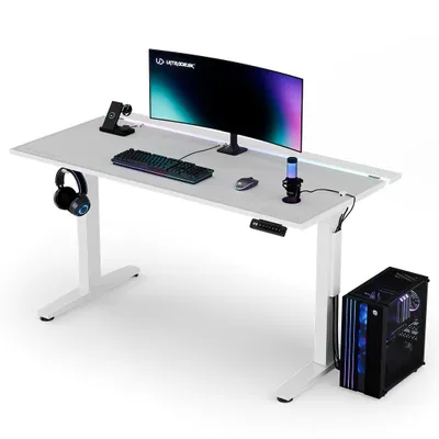Produktbild von Ultradesk VORTEX - Weiß - Computertisch mit elektrischer Höhenverstellung, LED RGB Prismatic Beleuchtung, 140,5x70cm Platte, Last bis 130kg