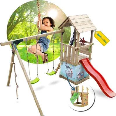 Produktbild von Spielturmking Spielturm LITTLE KIOSK mit Rutsche Doppelschaukel Kletterseil - Grün DH934