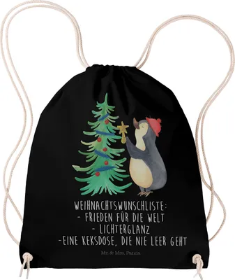 Produktbild von Mr. & Mrs. Panda Beutel Pinguin Weihnachtsbaum - Schwarz - Geschenk, Rucksack, Winter, Säckchen, Weihnachten, wander, Jutebeutel, sporttasche klein