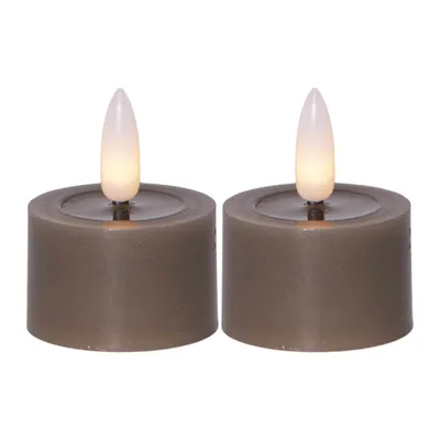 Two LED candles with a 3D flame effect are shown against a white background.