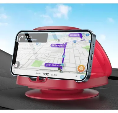 Image de Support de téléphone pour voiture, rotatif à 360°, avec base adhésive pour tableau de bord, en rouge, compatible avec les smartphones