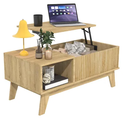 Image de Table basse relevable et réglable en hauteur, avec espace de rangement, table basse moderne en bois avec compartiment ouvert, design à motifs ondulés, pieds en bois, idéale pour le salon