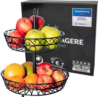 Image de Chefarone Chefarone Fruit Etagere - Corbeille à fruits - Corbeille à fruits - Corbeille à légumes - Rangement - 2 couches - Métal - Noir