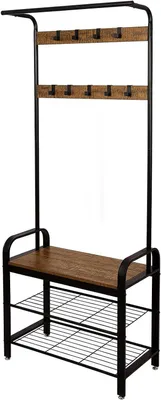 Obrázok produktu pre Vintage vešiak na oblečenie – stojan na topánky – organizér do predsiene – s posadovateľnou plochou – 72 x 34 x 183 cm – retro hnedý, čierny