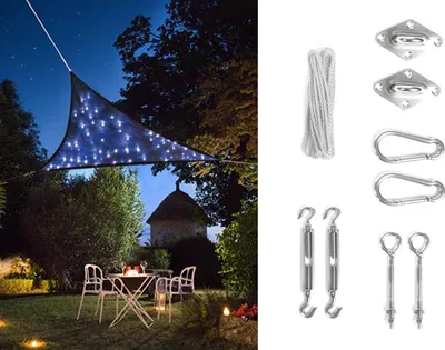 Produktbild von Solar Sonnensegel LED Sternenhimmel Dreieck Dunkelbau 3,6m & Ösenset für Balkon