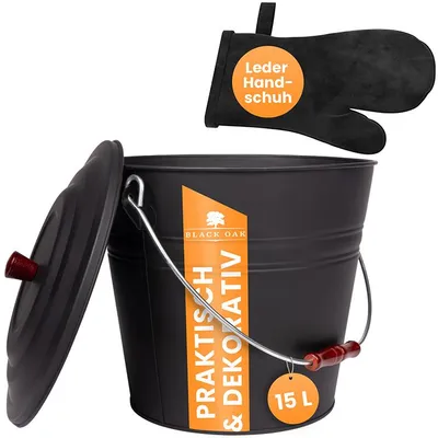 Produktbild von BLACK OAK KATLA Ascheeimer 15L Schwarz mit Deckel & Lederhandschuh