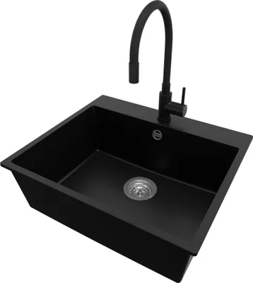 Produktbild von PRIMAGRAN Granitspüle Schwarz 58x50cm, Spülbecken 1 Becken + Küchenarmatur 40x38cm + Ablauf-Set, Küchenspüle ab 60er Unterschrank - Riga