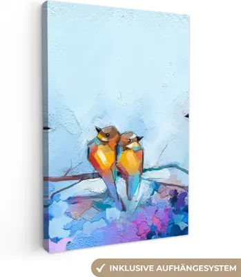 Produktbild von MuchoWow® - Leinwandbilder - Gemälde - Ölfarbe - Vogel - Zweig, Wandbild, Wanddeko Bilder Wohnzimmer, 20x30cm