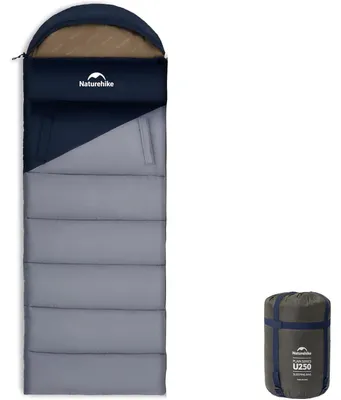 Productafbeelding van Slaapzak voor gebruik op een matras, met kap, afmetingen 220x80 cm, donkerblauw/lichtblauw, geschikt voor temperaturen van 4-8,5°C, gewicht 1,6 kg, machinewasbaar